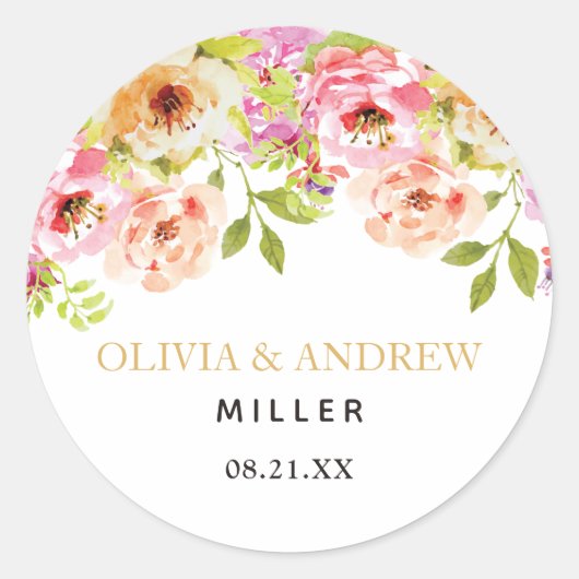 Sticker Rond Aquarelle florale orange rose | (Devant)