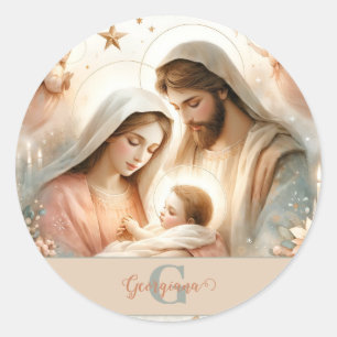 Sticker Rond Aquarelle florale personnalisée Bébé Jésus Nativit