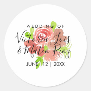 Sticker Rond Aquarelle Florale Rose Beige Blush Feuille Mariage