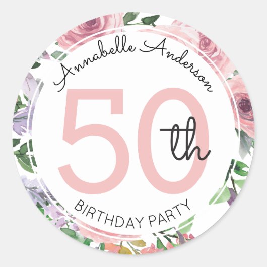 Sticker Rond Aquarelle florale rose pâle moderne 50e anniversai (Devant)