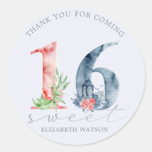 Sticker Rond Aquarelle florale script élégant sweet sixteen
