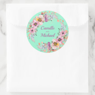 Sticker Rond Aquarelle Florale sur Vert Néon avec Or Rose