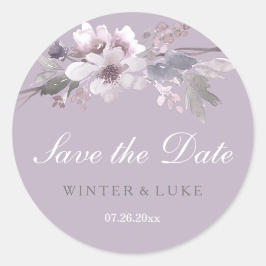 Sticker Rond Aquarelle florale violet Enregistrer la date Stick (Devant)