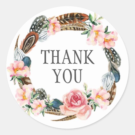 Sticker Rond Aquarelle Florale Wreath avec plumes | MERCI (Devant)
