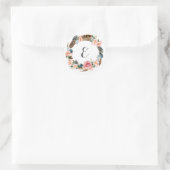 Sticker Rond Aquarelle Florale Wreath avec plumes | Monogramme (Sac)