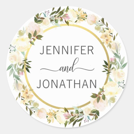 Sticker Rond Aquarelle Florale Wreath White Gold Mariage Seals (Devant)