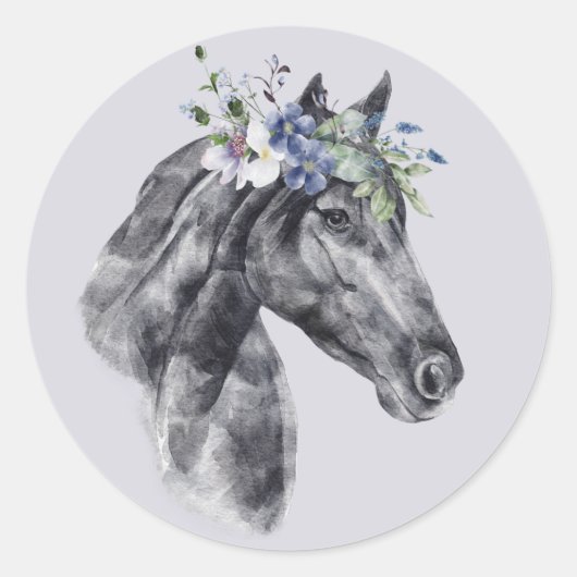 Sticker Rond Aquarelle Flower Crown Black Horse Portrait (Devant)
