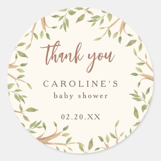 Sticker Rond Aquarelle Forêt Baby shower vert Merci (Devant)