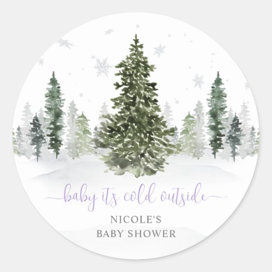 Sticker Rond Aquarelle Forêt d'hiver Baby shower pourpre (Devant)