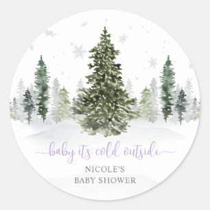 Sticker Rond Aquarelle Forêt d'hiver Baby shower pourpre