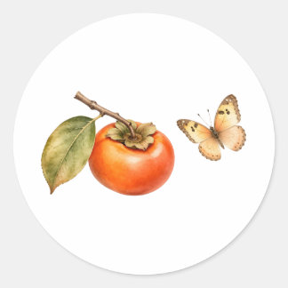 Sticker Rond Aquarelle Fruit de kaki et papillon