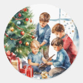 Sticker Rond Aquarelle Garçons Noël Matin Scène nostalgique (Devant)