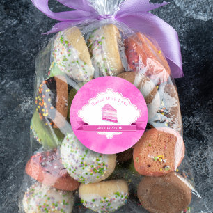 Sticker Rond Aquarelle Gâteau Rose Élégant Cuit Avec Amour