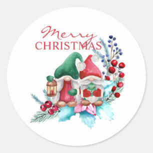 Sticker Rond Aquarelle Gnomes Avec Casquette Rouge Et Vert