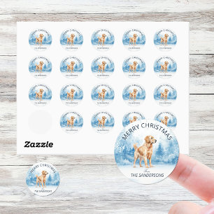Sticker Rond Aquarelle Golden Retriever Noël d'hiver