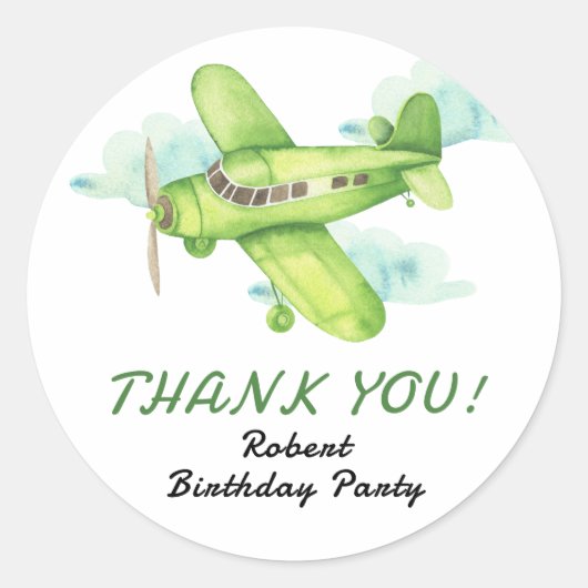 Sticker Rond Aquarelle Green Avion Anniversaire Merci (Devant)