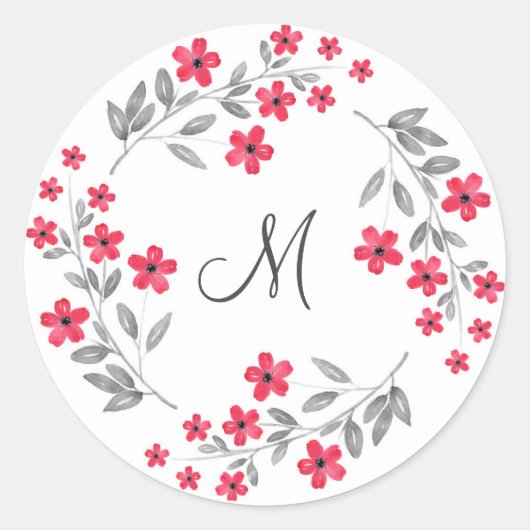 Sticker Rond Aquarelle gris rouge Fleur Wreath (Devant)