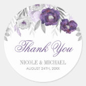 Sticker Rond Aquarelle gris violet Fleurs Mariage Merci (Devant)