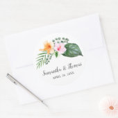 Sticker Rond Aquarelle Hibiscus tropicaux et feuillage (Enveloppe)