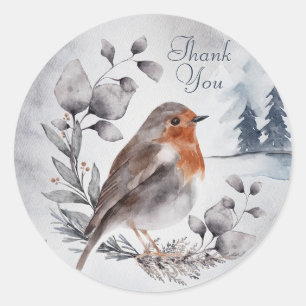 Sticker Rond Aquarelle hiver Merci Robin américain