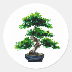 Sticker Rond Aquarelle japonaise Bonsai Tree