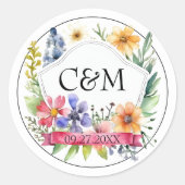 Sticker Rond Aquarelle Jardin Fleur sauvage Mariage Monogramme (Devant)