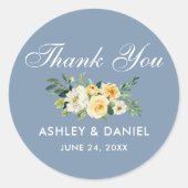 Sticker Rond Aquarelle Jaune Blanc Floral Dusty Blue Mariage (Devant)