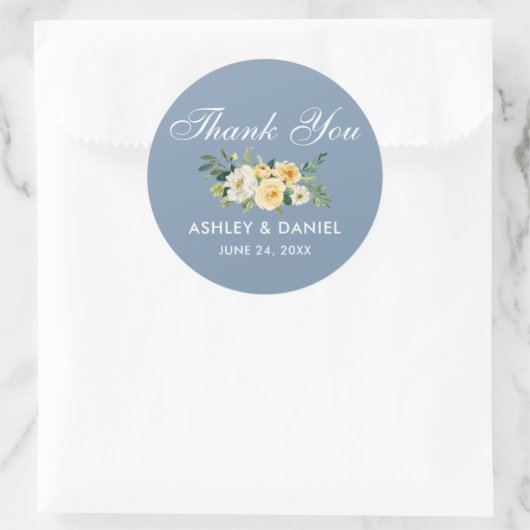 Sticker Rond Aquarelle Jaune Blanc Floral Dusty Blue Mariage (Sac)