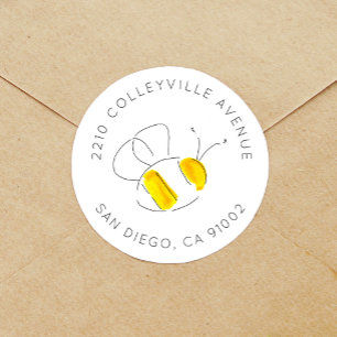 Sticker Rond Aquarelle jaune Bumble Bee Adresse de retour