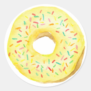 Sticker Rond Aquarelle Jaune Saupoudrer Donut Anniversaire