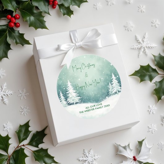 Sticker Rond Aquarelle Joyeux Noël et Bonne Année