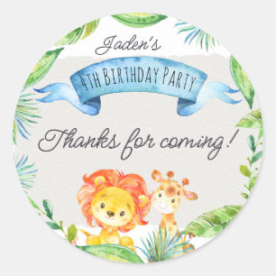Sticker Rond Aquarelle Jungle Lion et Giraffe Anniversaire