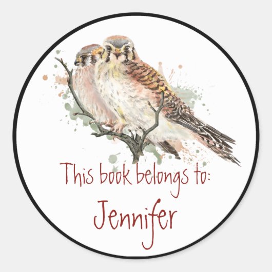 Sticker Rond Aquarelle Kestrel Hawks Birds Library Plaque de li (Devant)