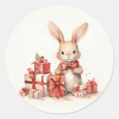 Sticker Rond Aquarelle Lapin De Noël Avec Cadeaux (Devant)