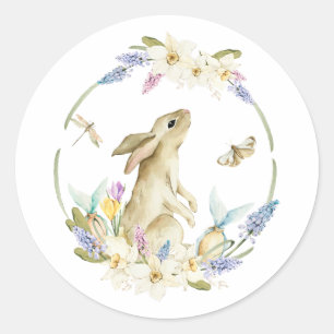 Sticker Rond Aquarelle Lapin de Pâques et fleurs de printemps