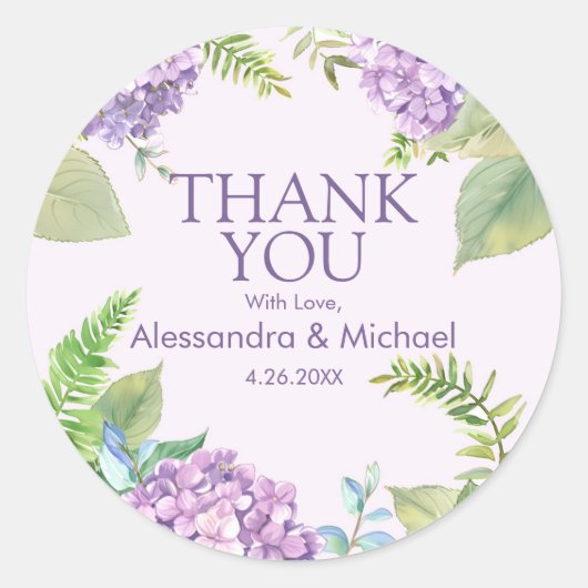 Sticker Rond Aquarelle Lavender Hydrangea Mariage Merci (Devant)