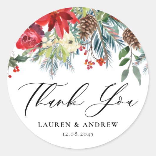Sticker Rond Aquarelle L'hiver fleurit Garland Mariage Merci (Devant)