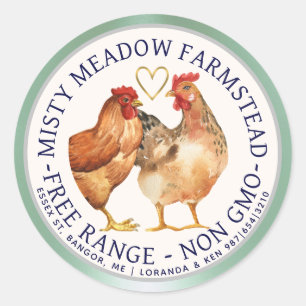Sticker Rond Aquarelle Libre Gamme Poules Gold Coeur Oeuf Carto