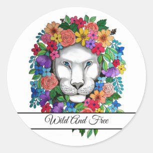 Sticker Rond Aquarelle Lion Et Fleurs Arc En Ciel