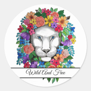 Sticker Rond Aquarelle Lion Et Fleurs Arc En Ciel