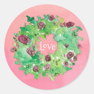 Sticker Rond Aquarelle Love Rose Wreath