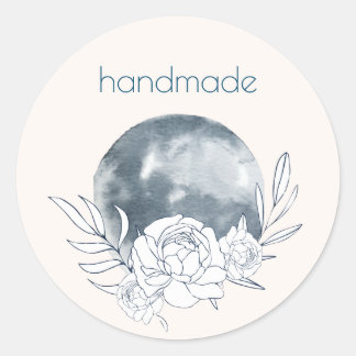 Sticker Rond Aquarelle Lune & Botanique Art bleu gris Motif