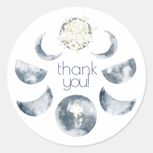 Sticker Rond Aquarelle Lune Phase Bouquet Floral Merci! (Devant)