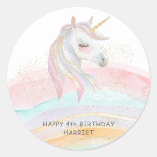 Sticker Rond Aquarelle magique Rainbow Unicorn Anniversaire