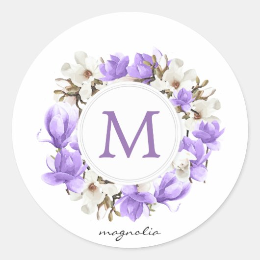 Sticker Rond Aquarelle Magnolia pourpre Monogramme de couronne (Devant)