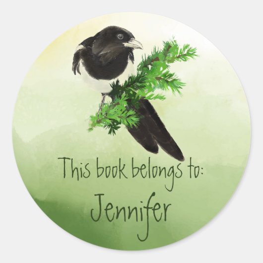 Sticker Rond Aquarelle Magpie Oiseaux Bibliothèque de la nature (Devant)