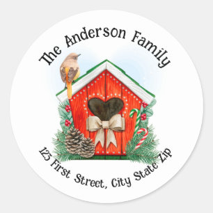 Sticker Rond Aquarelle Maison d'oiseaux de Noël