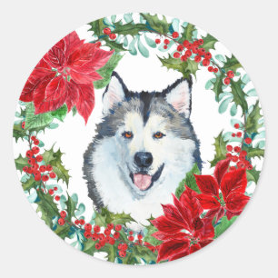 Sticker Rond Aquarelle Malamute Chien Poinsettia Vacances Wreat