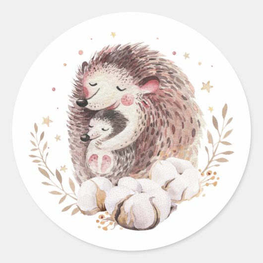 Sticker Rond Aquarelle maman et bébé Hérisson Woodland (Devant)