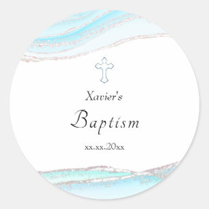Sticker Rond aquarelle marbre bleu Baptême